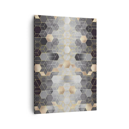 Obraz na płótnie - Geometryczny wzór z heksagonami w odcieniach szarości, złota i beżu - 50x70cm - Diamentowa kompozycja - Nowoczesna dekoracja ścienna do salonu, kuchni i sypialni ARTTOR