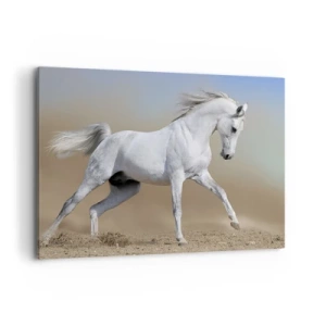 Obraz na płótnie - Biały koń galopujący po pustynnym krajobrazie - 120x80cm - Najpiękniejsza arabska baśń - Nowoczesna dekoracja ścienna do salonu, kuchni i sypialni ARTTOR