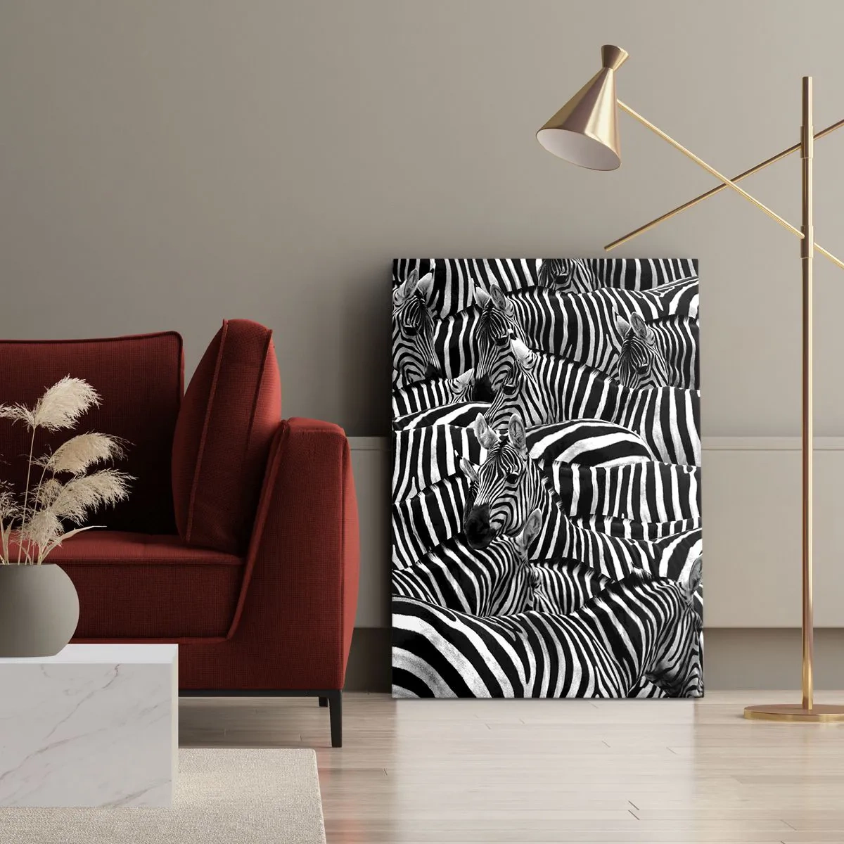 Obraz na płótnie - Stado zebr w czarno-białych pasach - 50x70cm - Portret zbiorowy w paski - Nowoczesna dekoracja ścienna do salonu, kuchni i sypialni ARTTOR