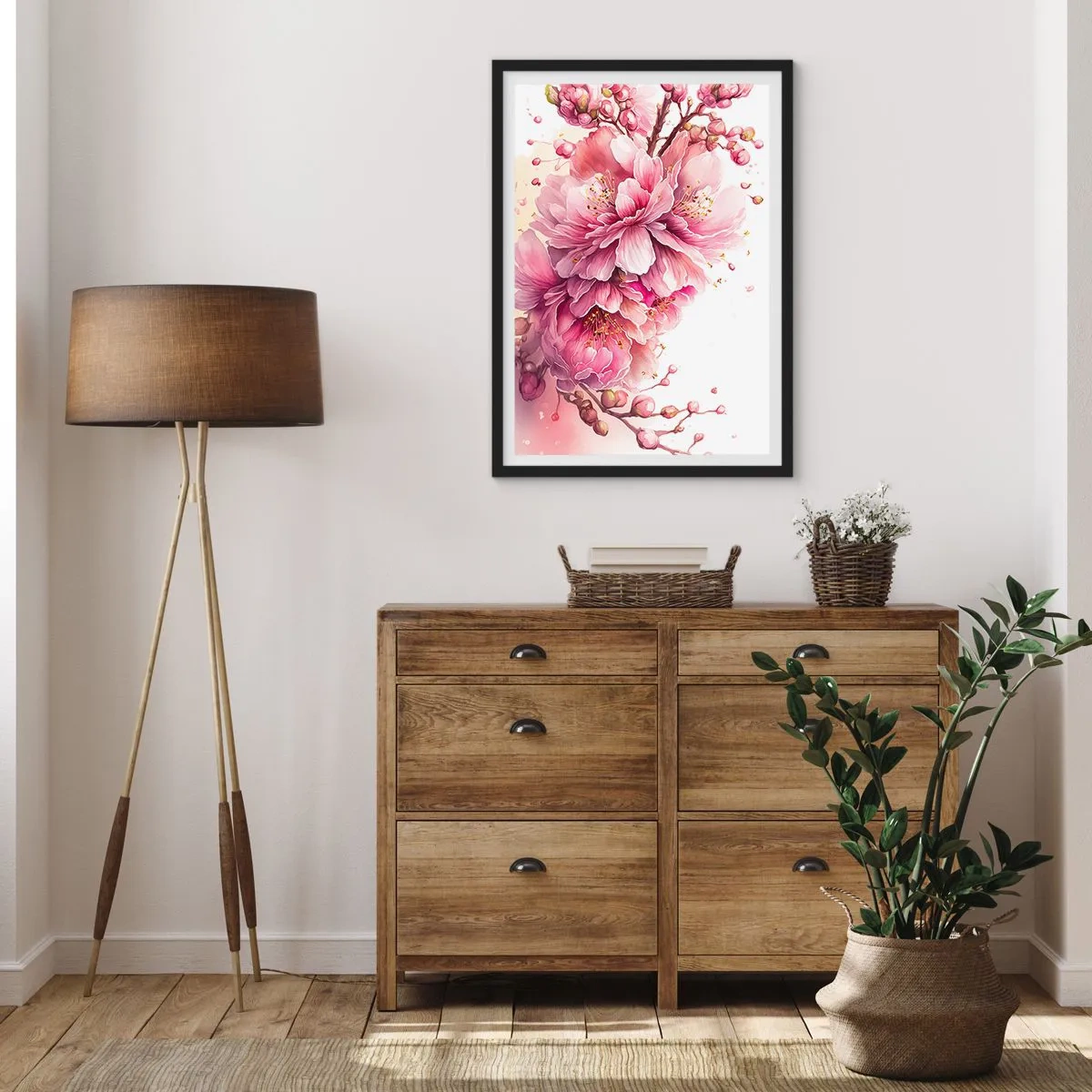 Plakat w czarnej ramie - Delikatne różowe kwiaty wiśni w pełnym rozkwicie na jasnym tle - 50x70cm - Kwiat kwitnącej wiśni - Nowoczesna dekoracja ścienna do salonu i sypialni ARTTOR