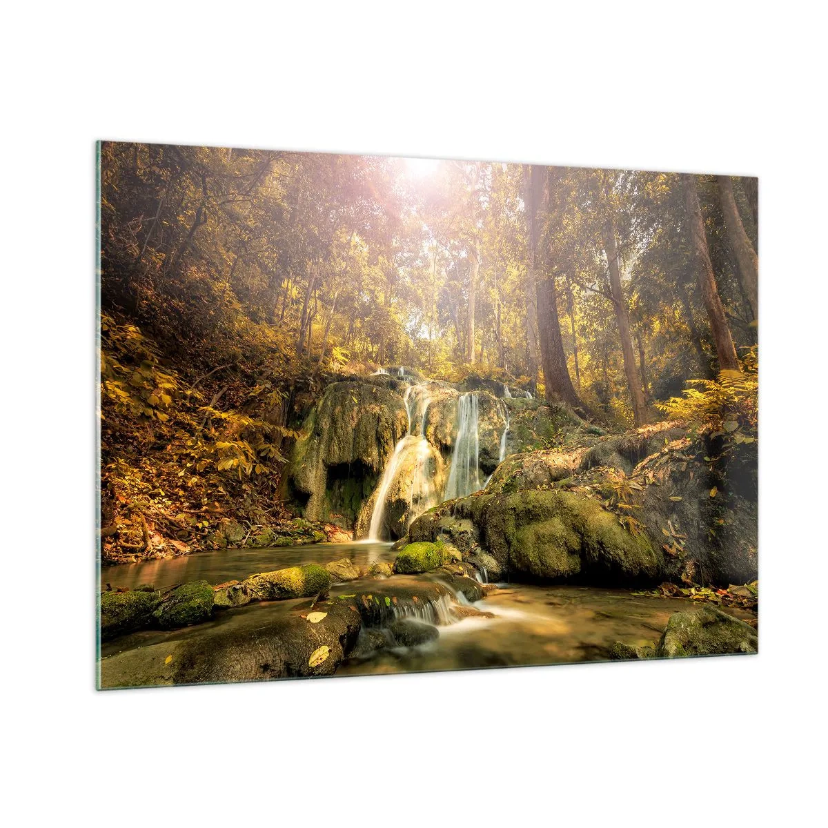 Obraz na szkle - Leśna kaskada w zieleni - 100x70cm - Leśna kaskada w zieleni - Nowoczesna dekoracja ścienna do salonu, kuchni i sypialni ARTTOR