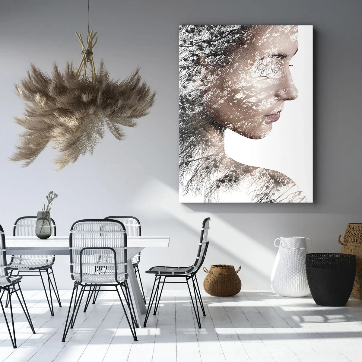 Obraz na płótnie - Sylwetka kobiety z motywem gałęzi i ptaka w tle - 80x120cm - Duch lasu - Nowoczesna dekoracja ścienna do salonu i sypialni ARTTOR