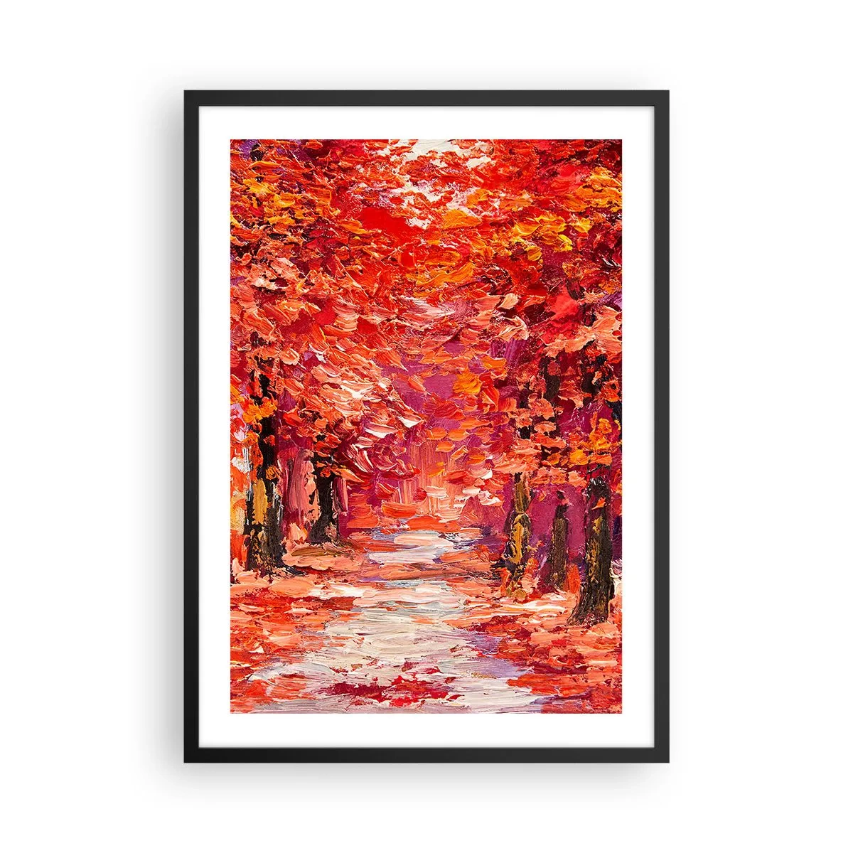 Plakat w czarnej ramie - Malownicza jesienna aleja w czerwonych odcieniach - 50x70cm - Jesienna impresja - Nowoczesna dekoracja ścienna do salonu i sypialni ARTTOR