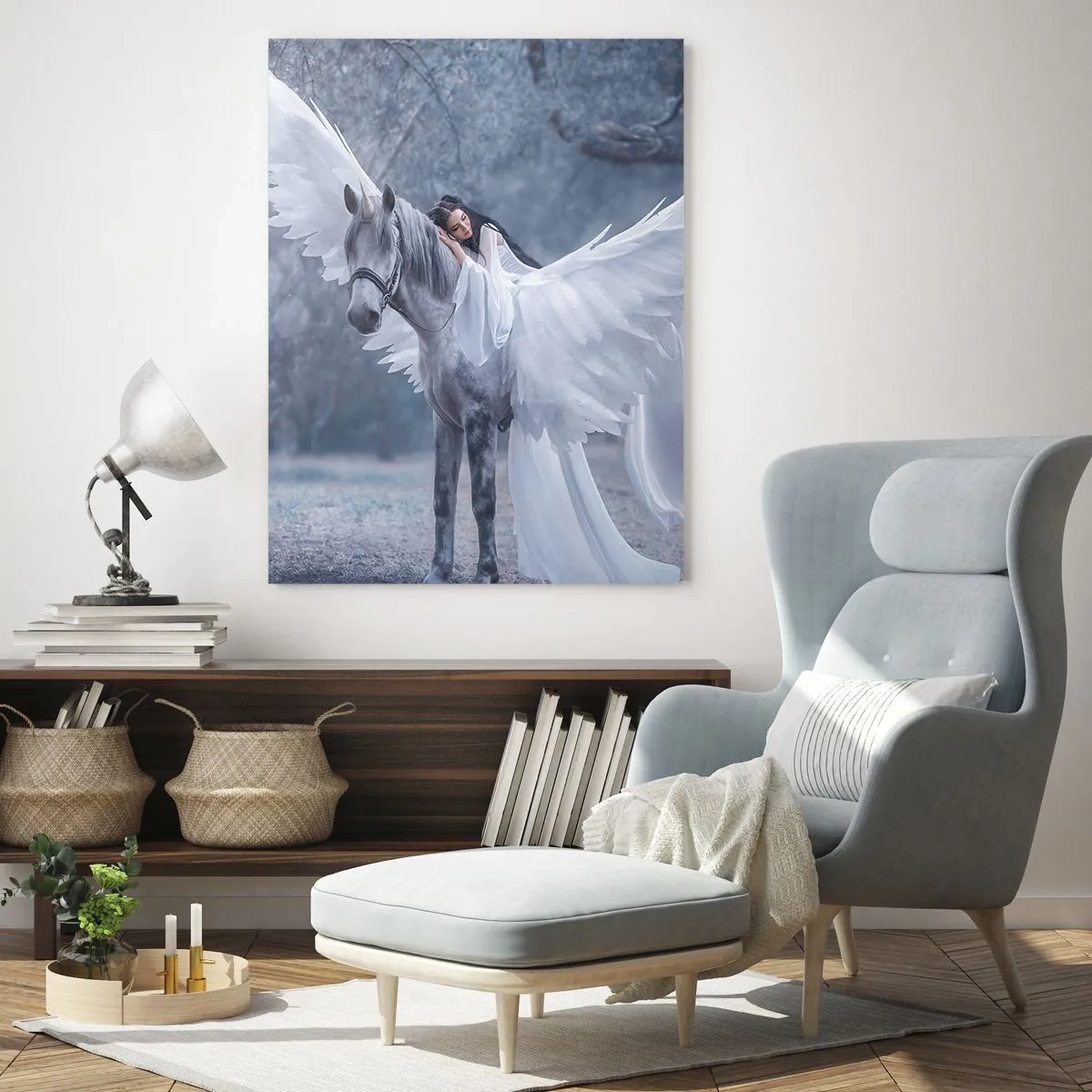 Obraz na szkle - Kobieta na białym koniu ze skrzydłami w magicznym lesie - 70x100cm - Natchniona chwila - Nowoczesna dekoracja ścienna do salonu i sypialni ARTTOR