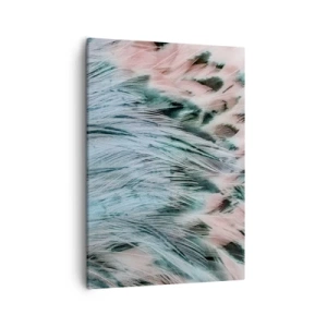 Obraz na płótnie - Zbliżenie na pióra w odcieniach szafiru, różu i czerni tworzące delikatny wzór - 50x70cm - Szafirowo-różowy puch - Nowoczesna dekoracja ścienna do salonu, kuchni i sypialni ARTTOR