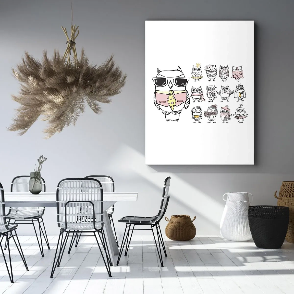 Obraz na płótnie - Sowy w różnych stylach i ubraniach - 80x120cm - Tyle ról do zagrania - Nowoczesna dekoracja ścienna do salonu i sypialni ARTTOR