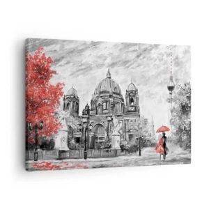 Obraz na płótnie - Czarno-biała scena z Berlinem, czerwonym parasolem i drzewem - 70x50cm - Berlińskie spotkanie - Nowoczesna dekoracja ścienna do salonu i sypialni ARTTOR