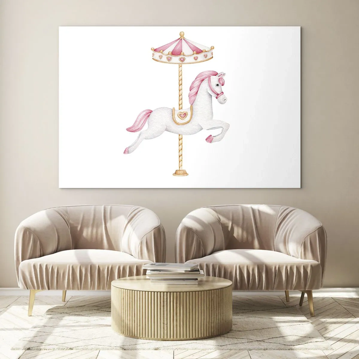 Obraz na szkle - Różowo-biały konik z karuzeli na białym tle - 100x70cm - Ruszył z kopyta - Nowoczesna dekoracja ścienna do salonu, kuchni i sypialni ARTTOR