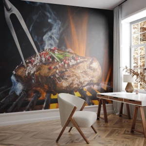 Fototapeta Standard Eco - Soczysty stek na grillu z ogniem w tle - 100x70cm - Soczyste i wonne - Nowoczesna dekoracja ścienna do salonu i sypialni ARTTOR
