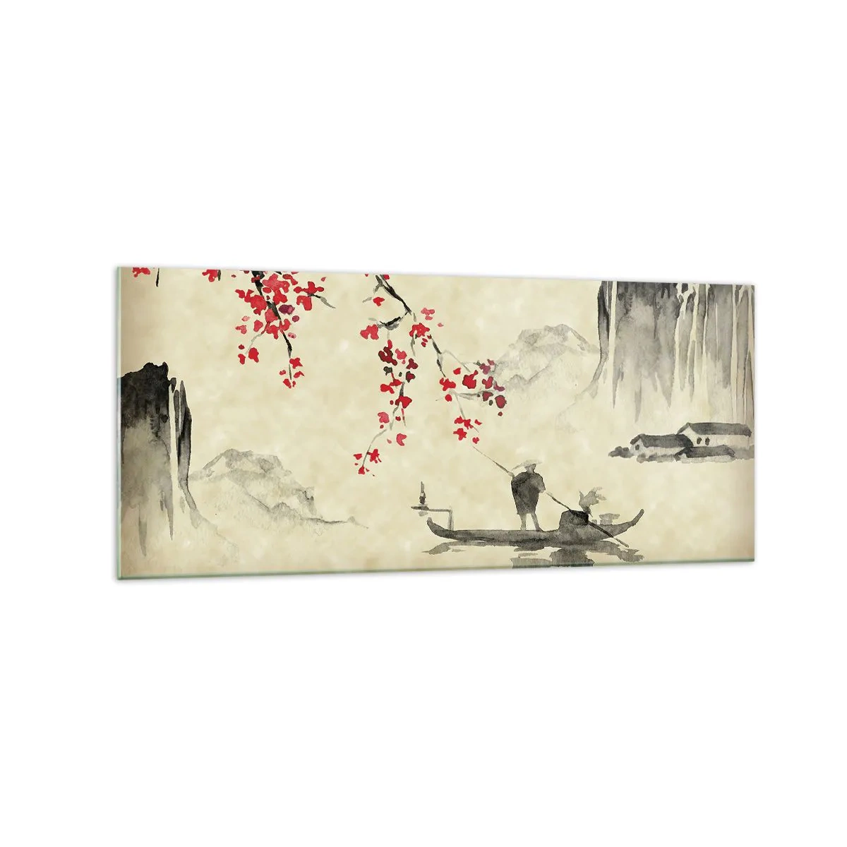 Obraz na szkle - Orientalna ilustracja z łodzią i kwitnącą gałęzią - 120x50cm - W kraju kwitnącej wiśni - Nowoczesna dekoracja ścienna do salonu i sypialni ARTTOR