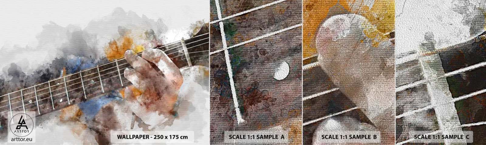 Fototapeta Próbka Premium Sand - Poezja między strunami - Muzyka, Gitara, Grafika - 100x30 cm