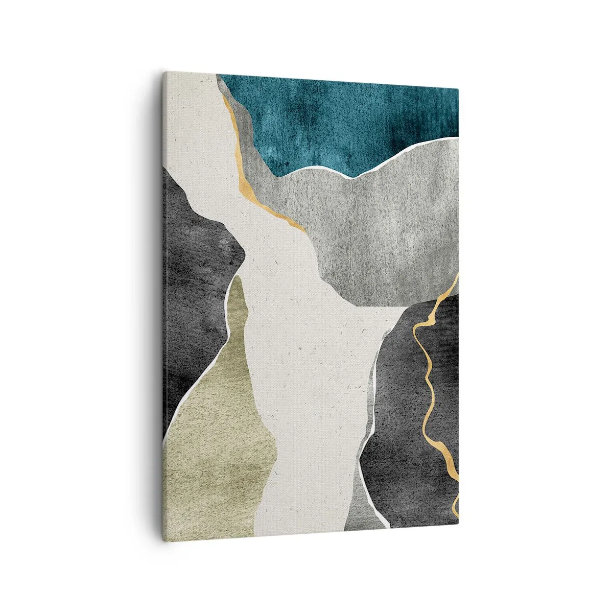 Obraz na płótnie - Geometryczna kompozycja w odcieniach beżu, szarości, czerni i turkusu z akcentami złota - 50x70cm - Mozaikowa kompozycja z nitką złota - Nowoczesna dekoracja ścienna do salonu, kuchni i sypialni ARTTOR