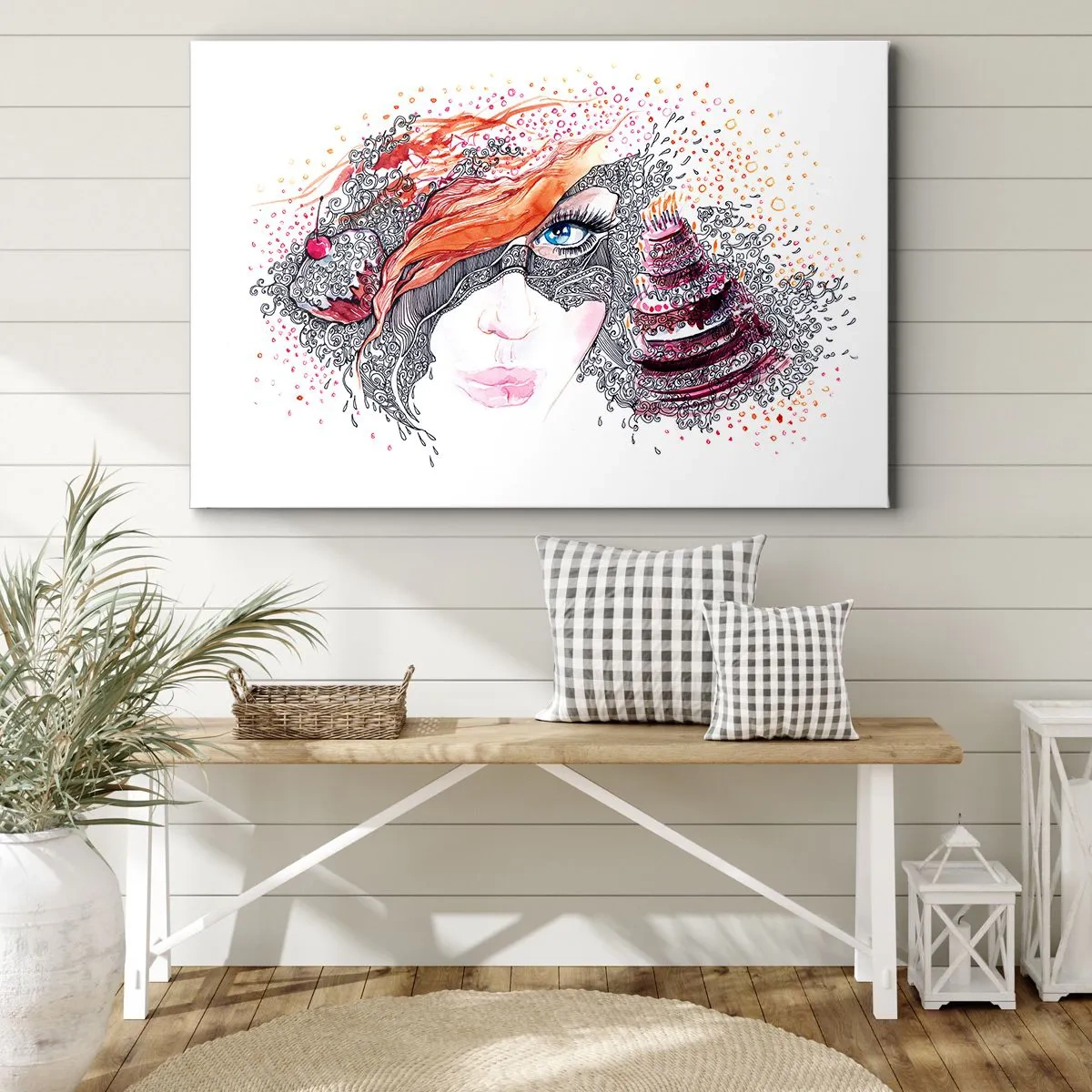 Obraz na płótnie - Artystyczny portret kobiety z detalami i czerwonym akcentem - 100x70cm - Z nią codziennie jest święto - Nowoczesna dekoracja ścienna do salonu, kuchni i sypialni ARTTOR