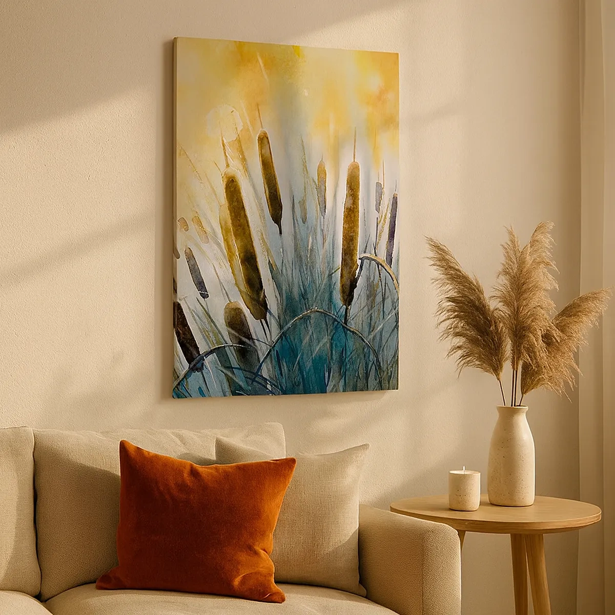 Obraz na płótnie - Malarska kompozycja trzcin i pałek wodnych w świetle słońca - 50x70cm - Chłód wody, słońca żar - Nowoczesna dekoracja ścienna do salonu, kuchni i sypialni ARTTOR