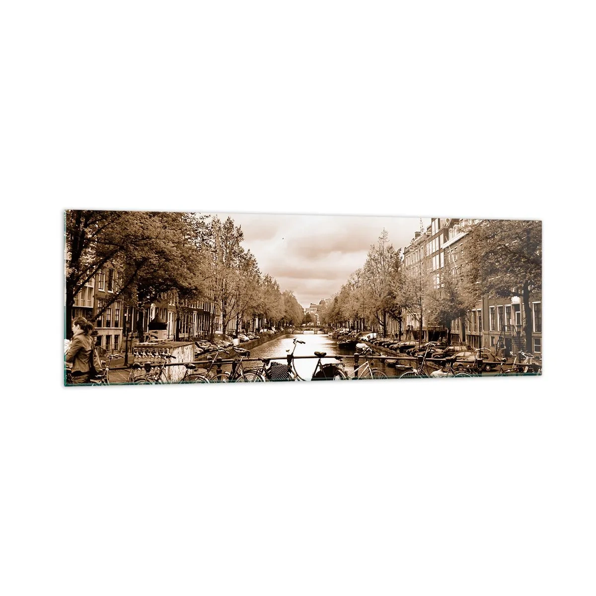 Obraz na szkle - Rowerowy mostek nad kanałem w sepia - 160x50cm - Holenderskie klimaty - Nowoczesna dekoracja ścienna do salonu i sypialni ARTTOR