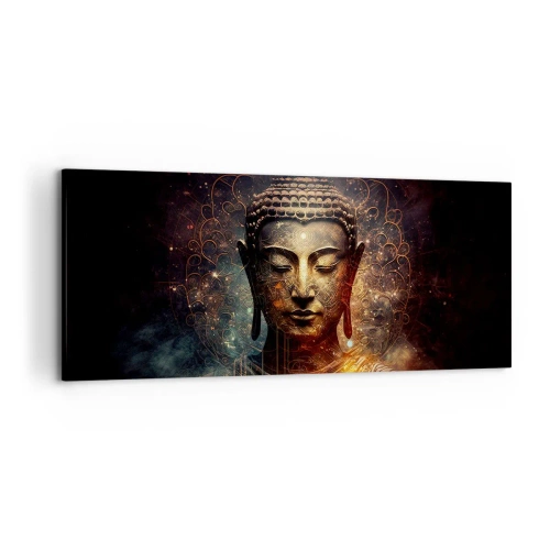 Obraz na płótnie - Złoty Budda na ciemnym tle z ornamentami - 120x50cm - Duchowa równowaga - Nowoczesna dekoracja ścienna do salonu i sypialni ARTTOR