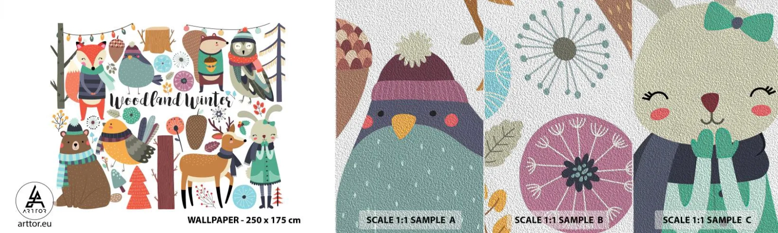 Fototapeta Próbka Premium Sand - Bajkowe święta w lesie - Dla Dzieci, Zima W Lesie, Zwierzęta - 100x30 cm