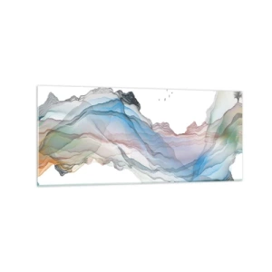 Obraz na szkle - Subtelny krajobraz z górami, wodą i łódką - 120x50cm - Ku kryształowym górom - Nowoczesna dekoracja ścienna do salonu i sypialni ARTTOR