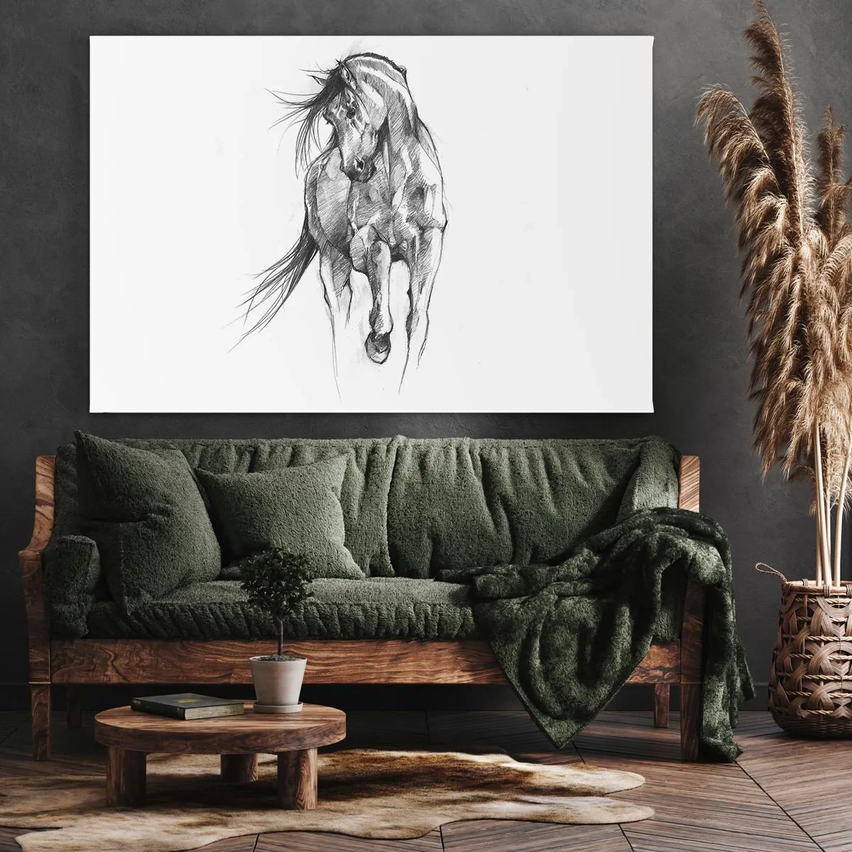 Obraz na płótnie - Szkic galopującego konia w czerni i bieli - 70x50cm - We wdzięcznym kłusie - Nowoczesna dekoracja ścienna do salonu i sypialni ARTTOR