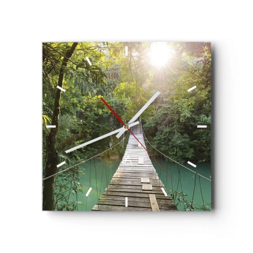 Zegar ścienny - Wiszący most w tropikalnym lesie oświetlony promieniami słońca - 30x30cm - Nad lazurową wodą do lazurowego lasu - Nowoczesna dekoracja ścienna do salonu i sypialni ARTTOR
