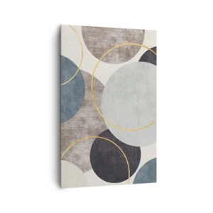 Obraz na płótnie - Geometryczne okręgi w odcieniach szarości, błękitu i złota - 80x120cm - Koło za kołem - Nowoczesna dekoracja ścienna do salonu i sypialni ARTTOR