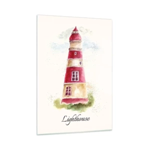 Obraz na szkle - Akwarelowa latarnia morska z napisem Lighthouse - 50x70cm - Wokół zawsze pogoda - Nowoczesna dekoracja ścienna do salonu, kuchni i sypialni ARTTOR