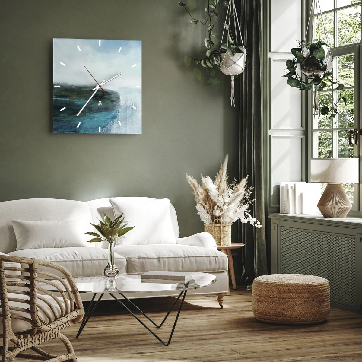 Zegar ścienny - Abstrakcyjny krajobraz w odcieniach turkusu i szarości - 30x30cm - Abstrakcja marynistyczna - Nowoczesna dekoracja ścienna do salonu i sypialni ARTTOR