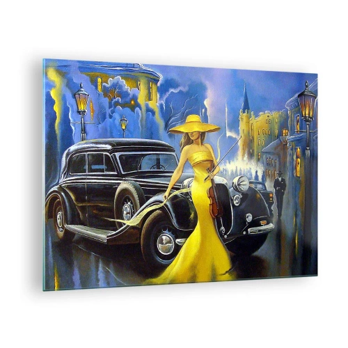Obraz na szkle - Kobieta w żółtej sukni obok zabytkowego samochodu - 70x50cm - Nokturn na skrzypce i miłość - Nowoczesna dekoracja ścienna do salonu i sypialni ARTTOR