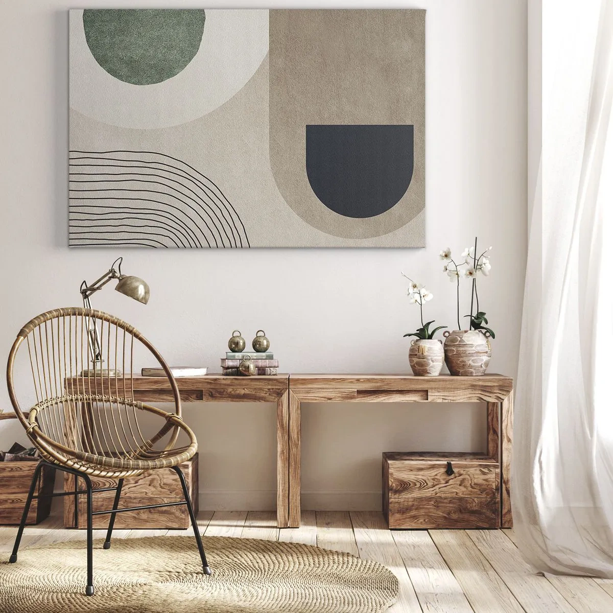 Obraz na płótnie - Geometryczne kształty w odcieniach beżu i zieleni - 70x50cm - Łagodność owalu - Nowoczesna dekoracja ścienna do salonu i sypialni ARTTOR