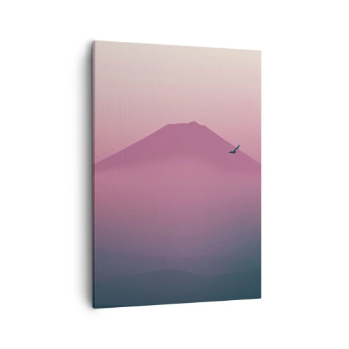 Obraz na płótnie - Minimalistyczny krajobraz górski w odcieniach fioletu i różu z lecącym ptakiem - 50x70cm - Wędrowcy ponad chmurami - Nowoczesna dekoracja ścienna do salonu, kuchni i sypialni ARTTOR