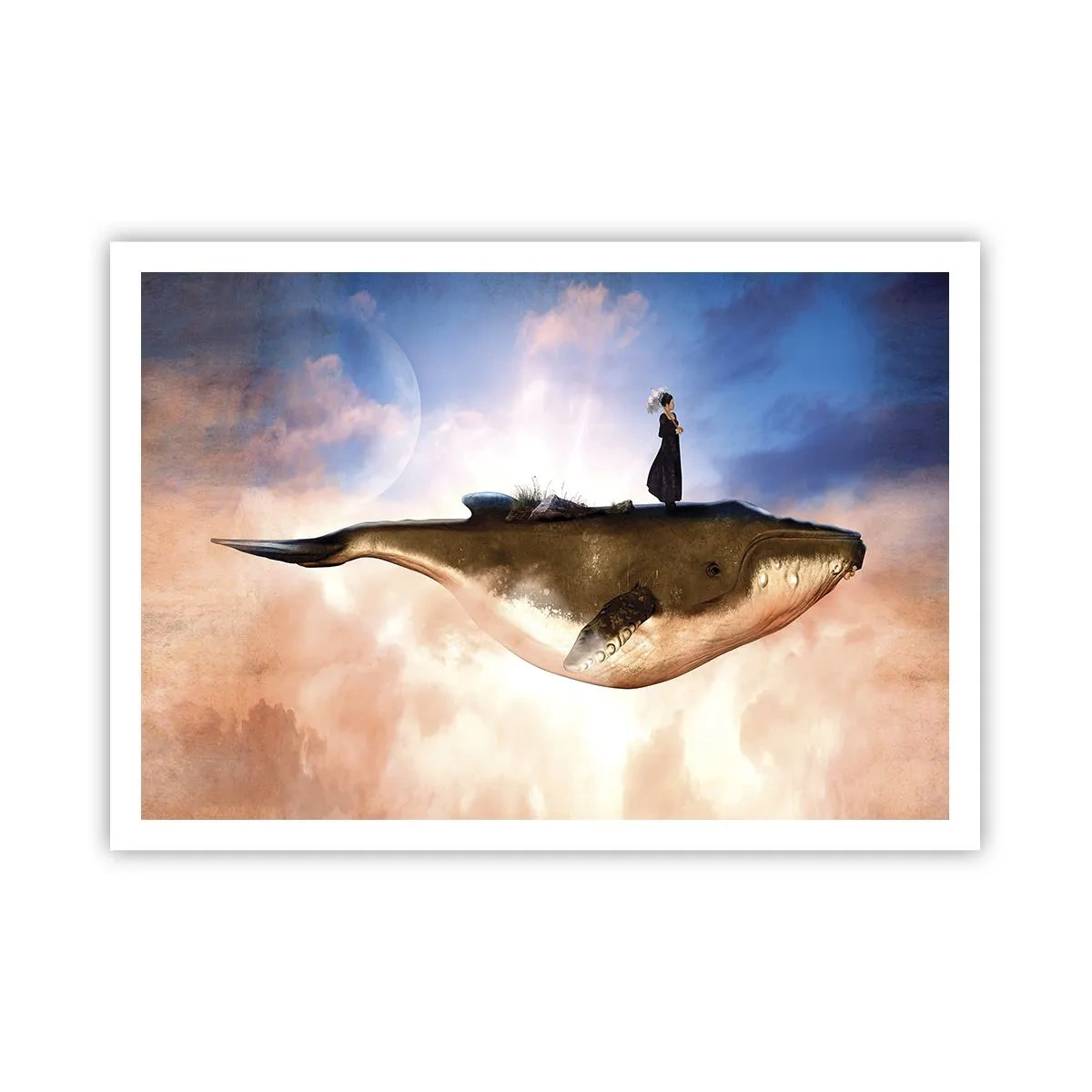 Plakat - Fantastyczna scena kobiety na wielorybie wśród chmur - 100x70cm - Nadrealna podróż - Nowoczesna dekoracja ścienna do salonu i sypialni ARTTOR