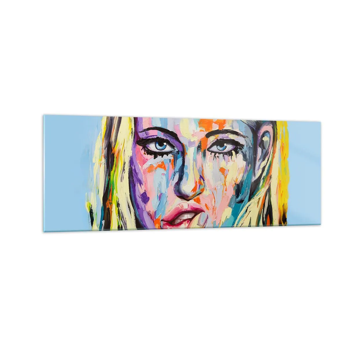 Obraz na szkle - Kolorowy portret kobiety w stylu abstrakcyjnym - 140x50cm - Spójrz jej prosto w oczy - Nowoczesna dekoracja ścienna do salonu i sypialni ARTTOR