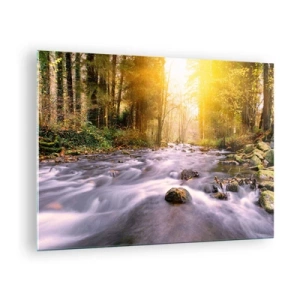 Obraz na szkle - Leśny strumień w blasku słońca - 70x50cm - Malachit w srebrno-złotej oprawie - Nowoczesna dekoracja ścienna do salonu i sypialni ARTTOR
