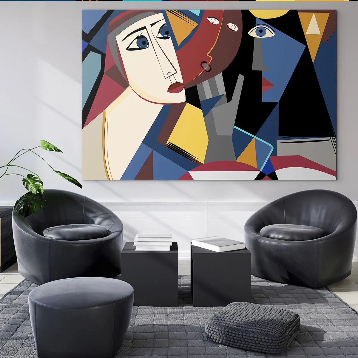 Obraz na szkle - Kubistyczne twarze w intensywnych kolorach - 70x50cm - Rozmowa kubistów - Nowoczesna dekoracja ścienna do salonu i sypialni ARTTOR