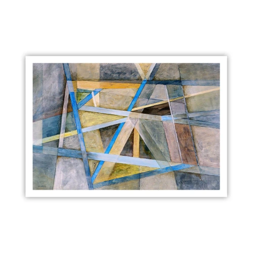 Plakat - Geometryczna kompozycja z jasnymi i niebieskimi liniami - 100x70cm - Na wprost czy na skos? - Nowoczesna dekoracja ścienna do salonu i sypialni ARTTOR