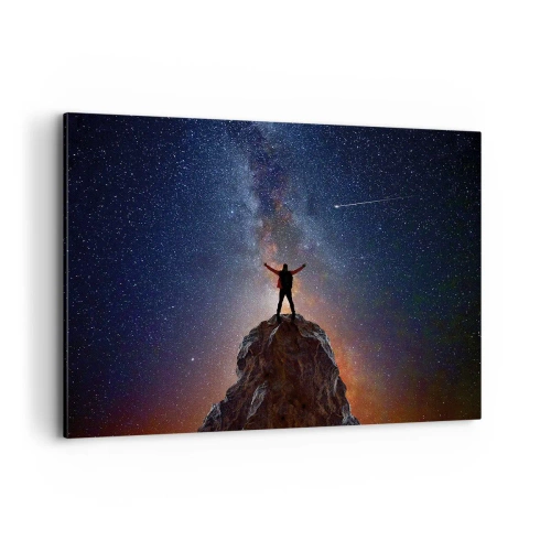 Obraz na płótnie - Postać na szczycie góry pod rozgwieżdżonym niebem - 100x70cm - Moc jest ze mną! - Nowoczesna dekoracja ścienna do salonu, kuchni i sypialni ARTTOR