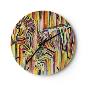 Zegar ścienny - Abstrakcyjne przedstawienie dwóch zebr na tle kolorowych pasków - 30x30cm - A więc ty też… - Nowoczesna dekoracja ścienna do salonu, kuchni i sypialni ARTTOR