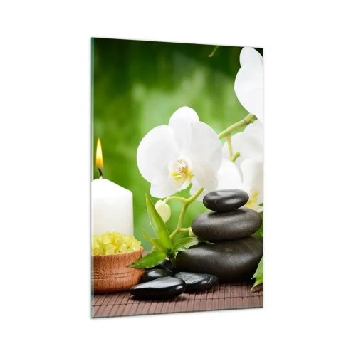 Obraz na szkle - Orchidee, świece i kamienie w otoczeniu natury - 80x120cm - Wonny, kwiatowy, delikatny dotyk - Nowoczesna dekoracja ścienna do salonu i sypialni ARTTOR