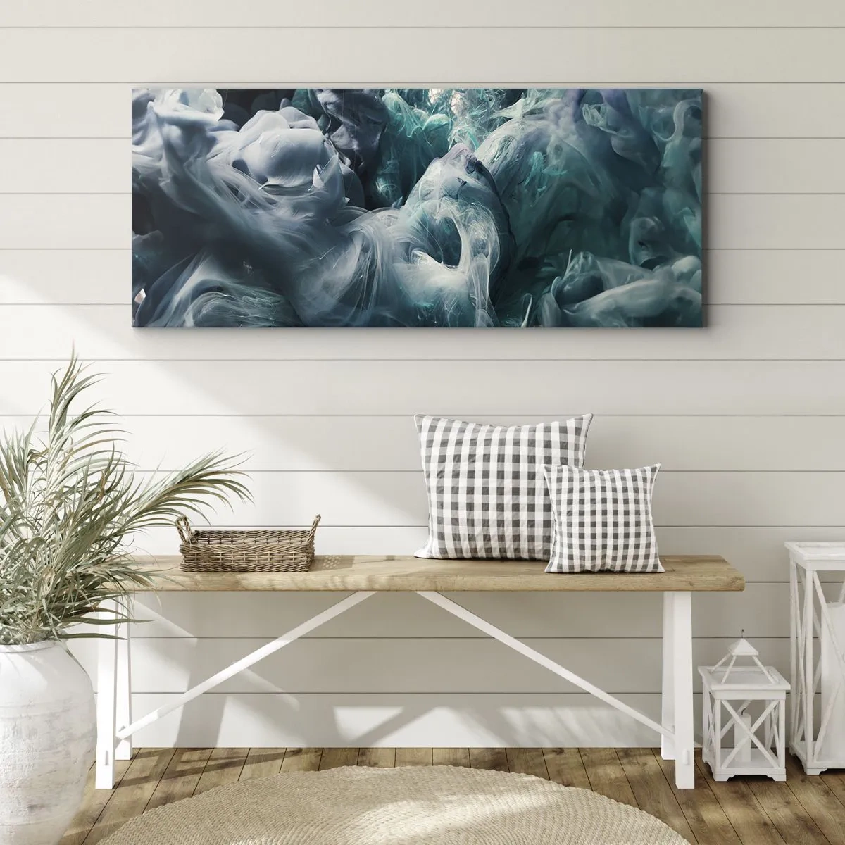 Obraz na płótnie - Dynamiczne abstrakcyjne fale w odcieniach błękitu i bieli - 140x50cm - Ruch koloru - Nowoczesna dekoracja ścienna do salonu i sypialni ARTTOR