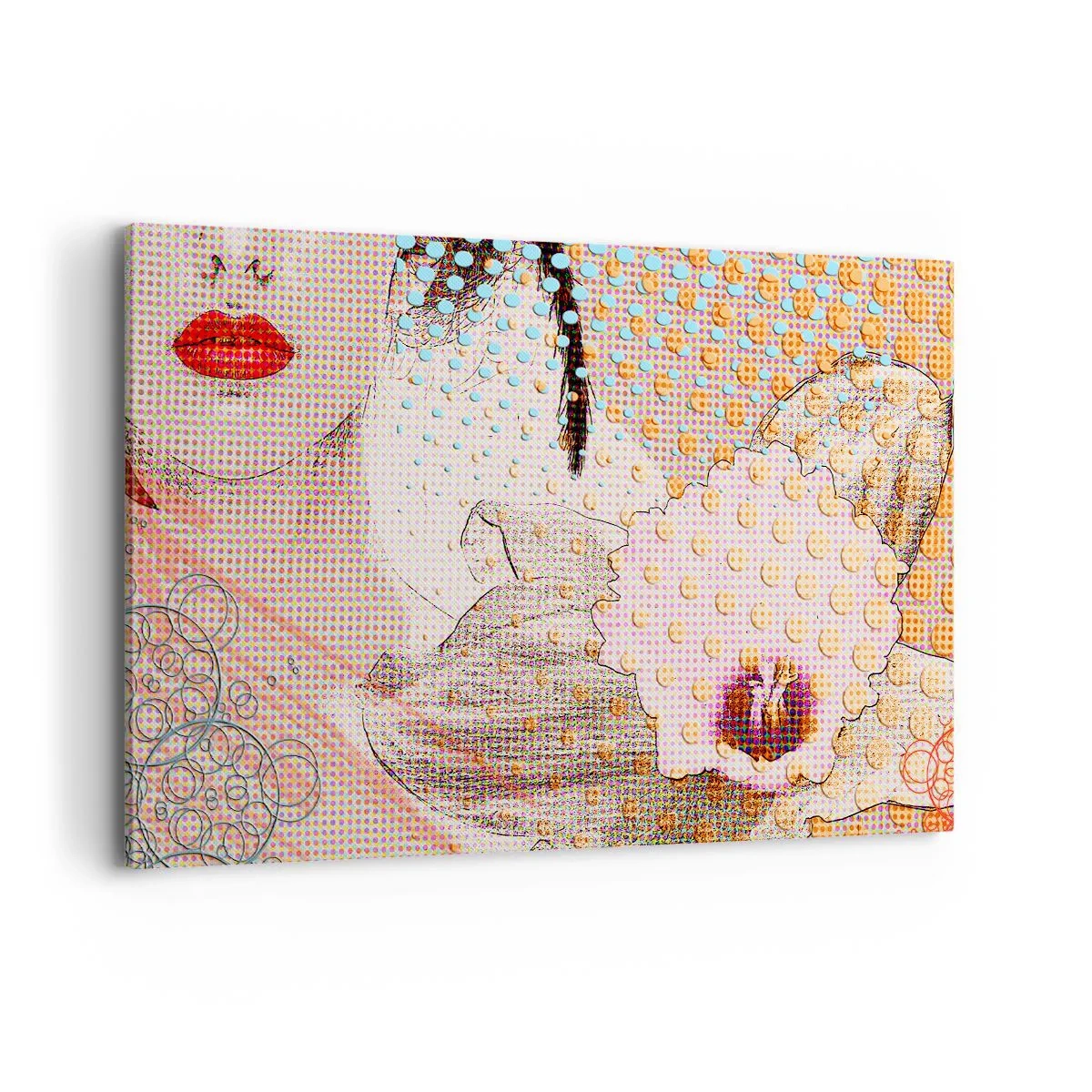 Obraz na płótnie - Abstrakcyjna grafika z motywem ust i orchidei - 120x80cm - Komiksowa heroina - Nowoczesna dekoracja ścienna do salonu, kuchni i sypialni ARTTOR