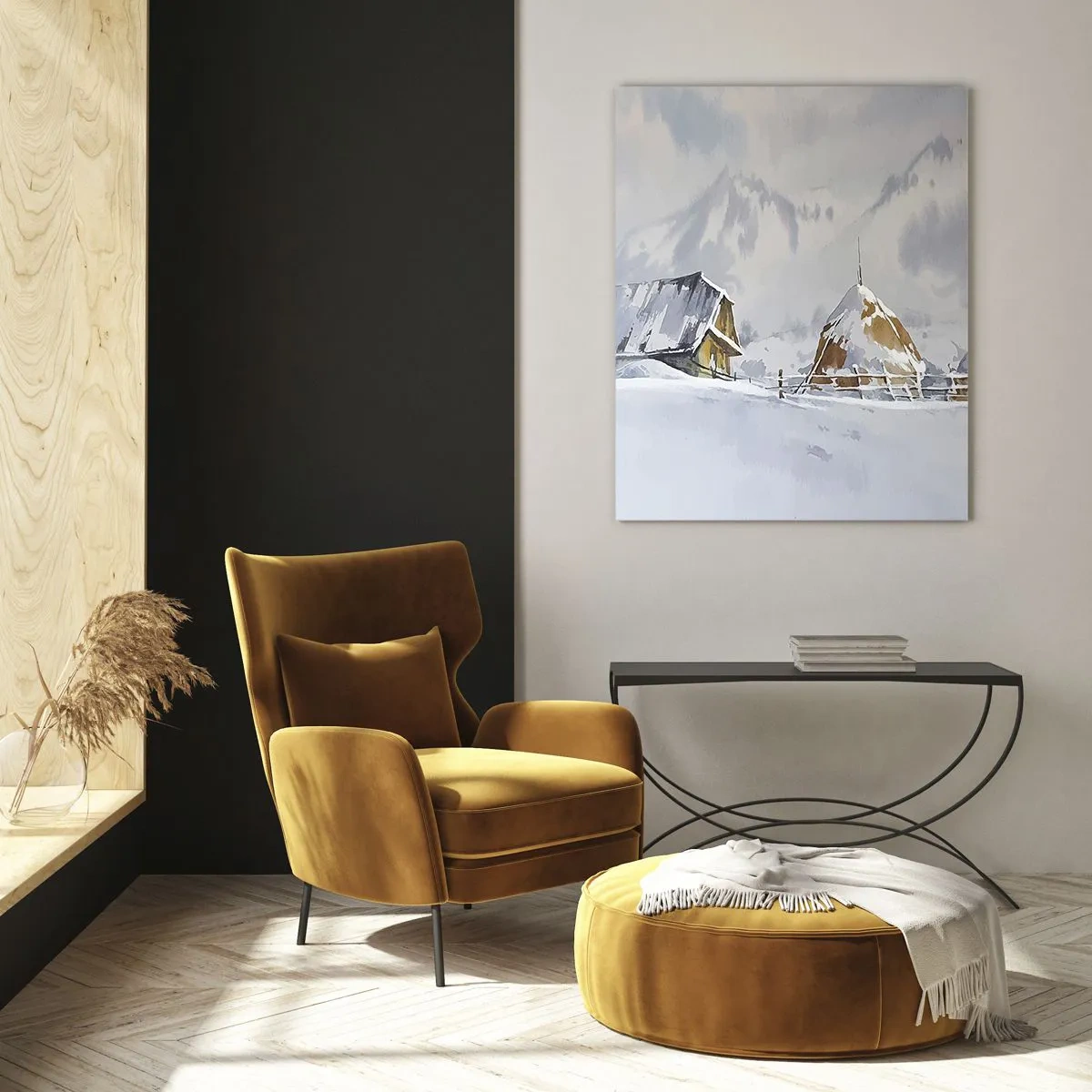 Obraz na szkle - Zimowy krajobraz z chatą i stogami siana w górach - 80x120cm - W śnieżnej kotlinie - Nowoczesna dekoracja ścienna do salonu i sypialni ARTTOR