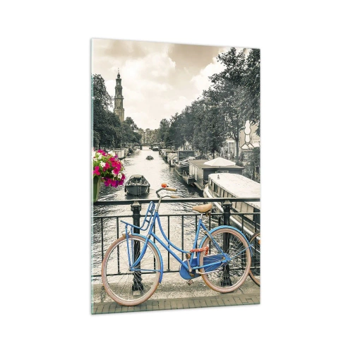 Obraz na szkle - Most z rowerami i kwiatami nad kanałem w Amsterdamie - 70x100cm - Kolory amsterdamskiej ulicy - Nowoczesna dekoracja ścienna do salonu i sypialni ARTTOR