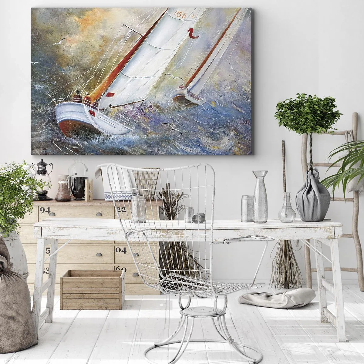 Obraz na płótnie - Żaglówki na wzburzonych falach w dynamicznej kompozycji - 70x50cm - Biegnące po falach - Nowoczesna dekoracja ścienna do salonu i sypialni ARTTOR