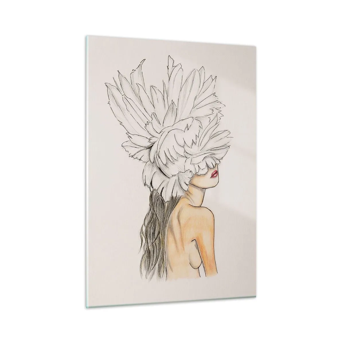 Obraz na szkle - Rysunek kobiety z długimi włosami i koroną z dużych piór - 50x70cm - Piękność ukoronowana - Nowoczesna dekoracja ścienna do salonu, kuchni i sypialni ARTTOR