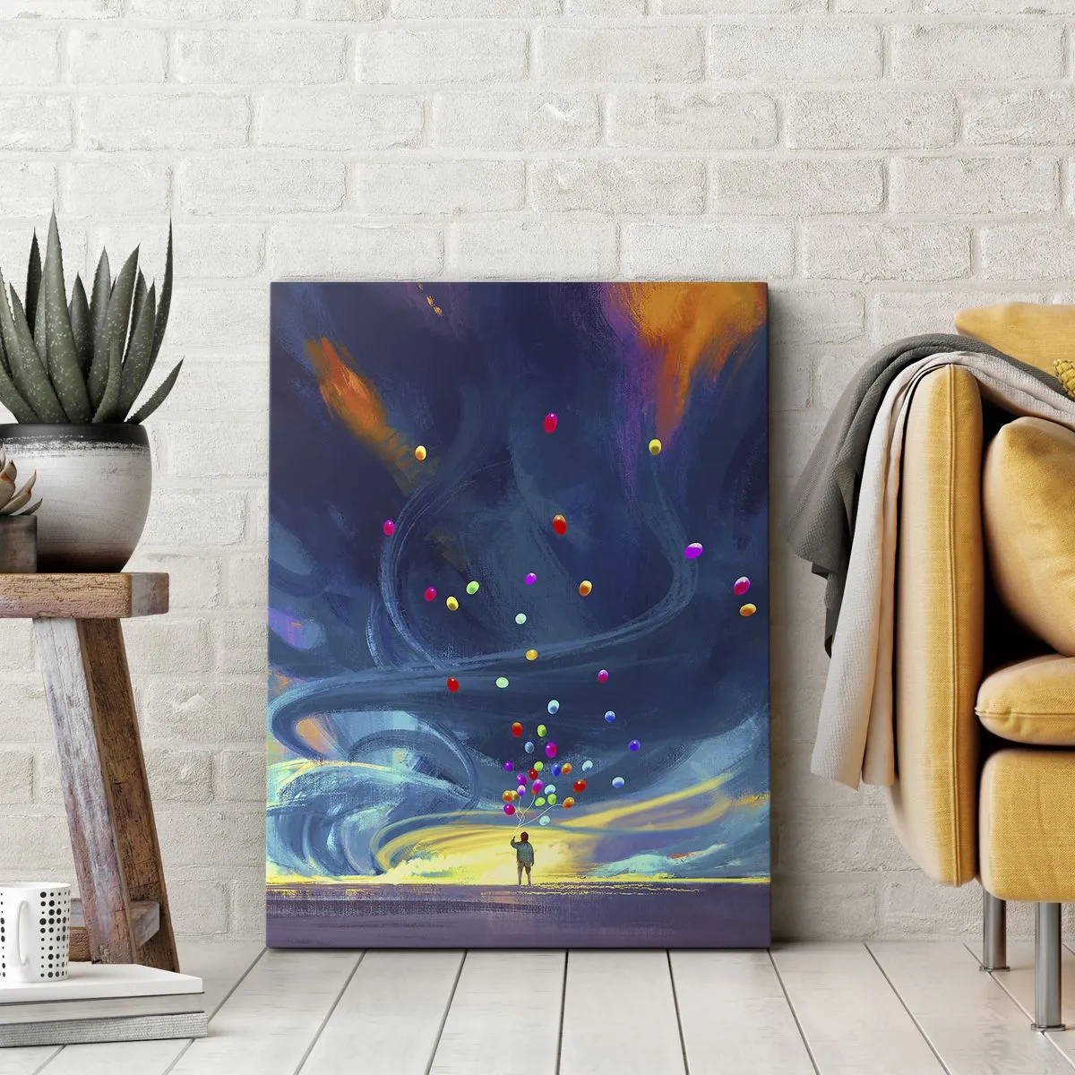 Obraz na płótnie - Postać z balonami na tle wirujących, kolorowych chmur - 70x100cm - Na niebieski wiatr - Nowoczesna dekoracja ścienna do salonu i sypialni ARTTOR