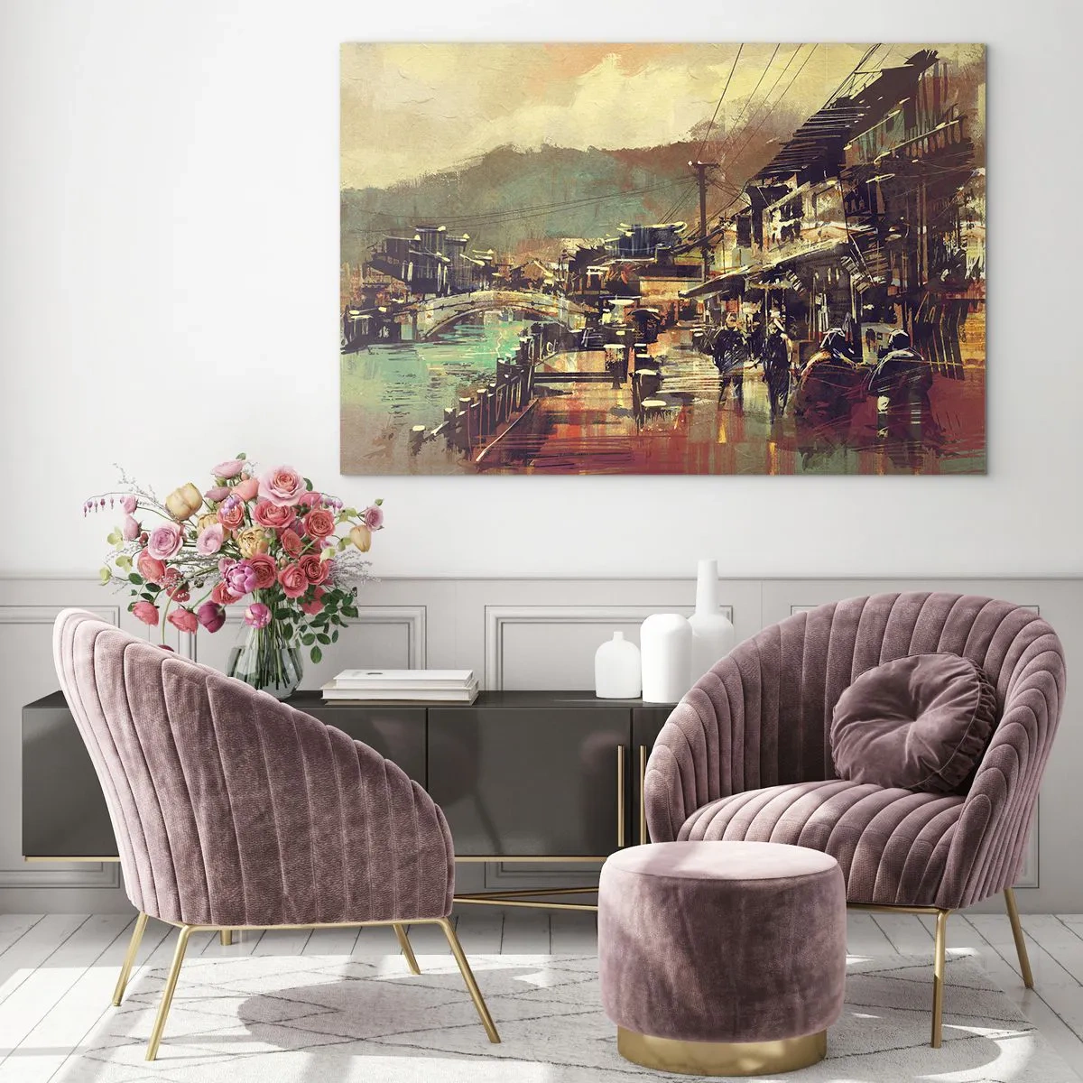 Obraz na szkle - Uliczny krajobraz w malarskim stylu z motywem mostu i kanału - 70x50cm - Życie jako bogactwo szarości - Nowoczesna dekoracja ścienna do salonu i sypialni ARTTOR