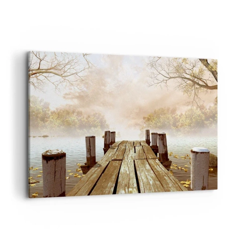 Obraz na płótnie - Drewniane molo prowadzące na spokojne jezioro w porannej mgle - 120x80cm - Łagodny smutek jesieni - Nowoczesna dekoracja ścienna do salonu, kuchni i sypialni ARTTOR