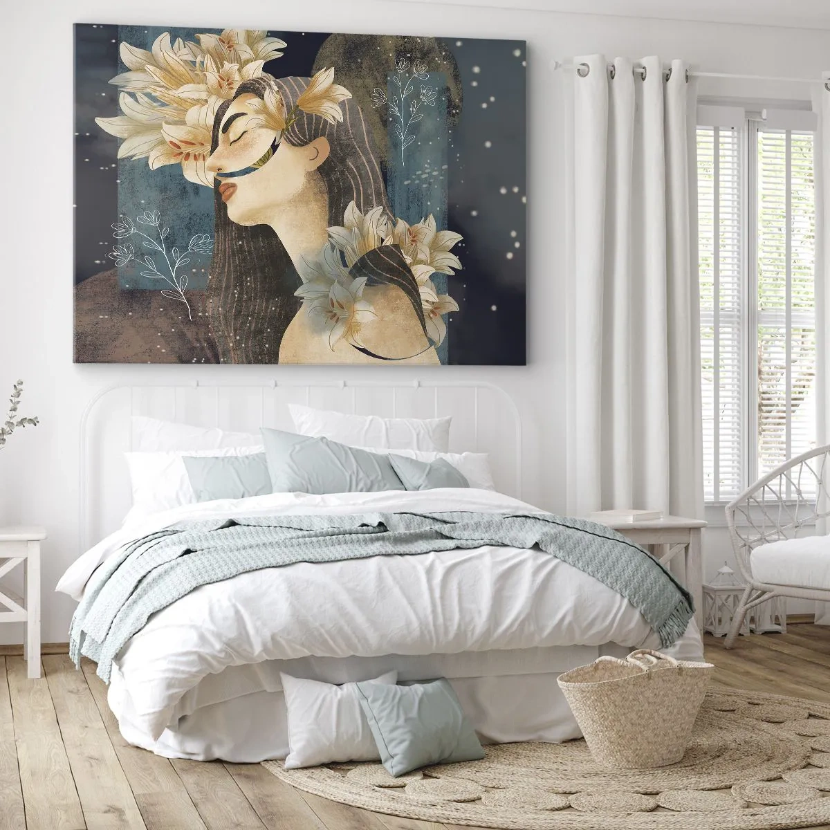 Obraz na płótnie - Portret kobiety z kwiatami w artystycznym stylu na ciemnym tle - 70x50cm - Baśń o królewnie z liliami - Nowoczesna dekoracja ścienna do salonu i sypialni ARTTOR