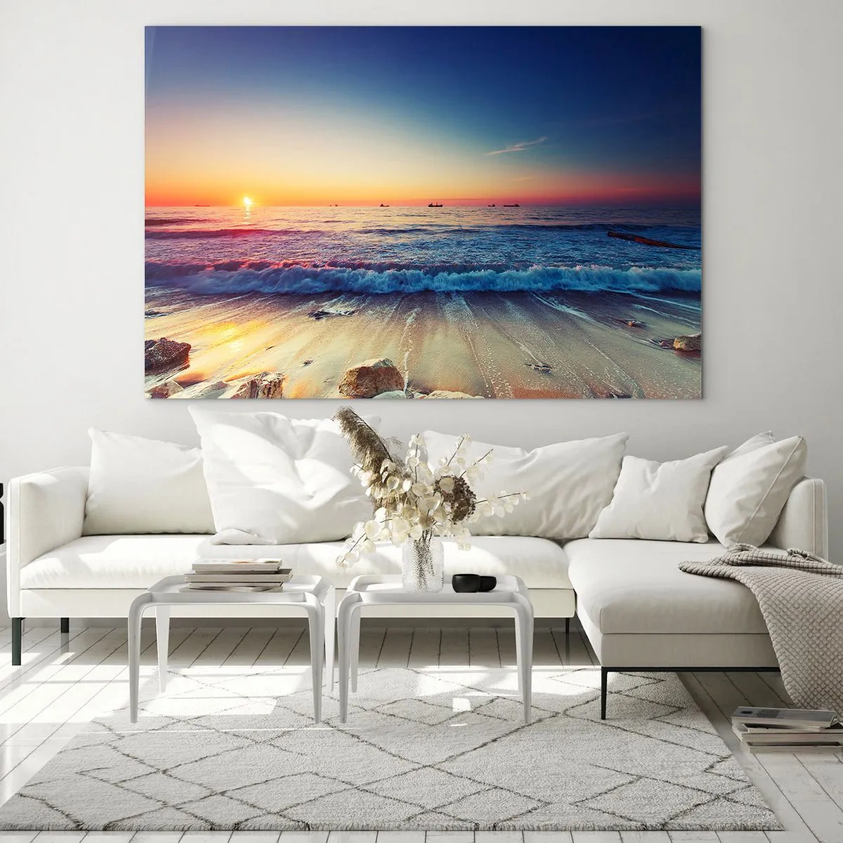 Obraz na szkle - Zachód słońca nad plażą z delikatnymi falami i spokojnym morzem - 70x50cm - A co za horyzontem? - Nowoczesna dekoracja ścienna do salonu i sypialni ARTTOR
