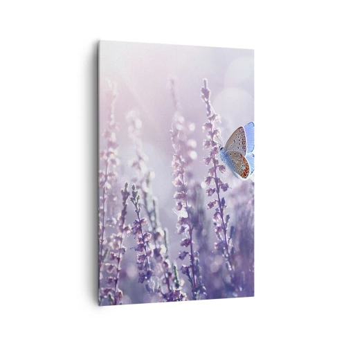 Obraz na płótnie - Motyl na kwitnącej lawendzie w świetle poranka - 80x120cm - Pocałunek motyla - Nowoczesna dekoracja ścienna do salonu i sypialni ARTTOR